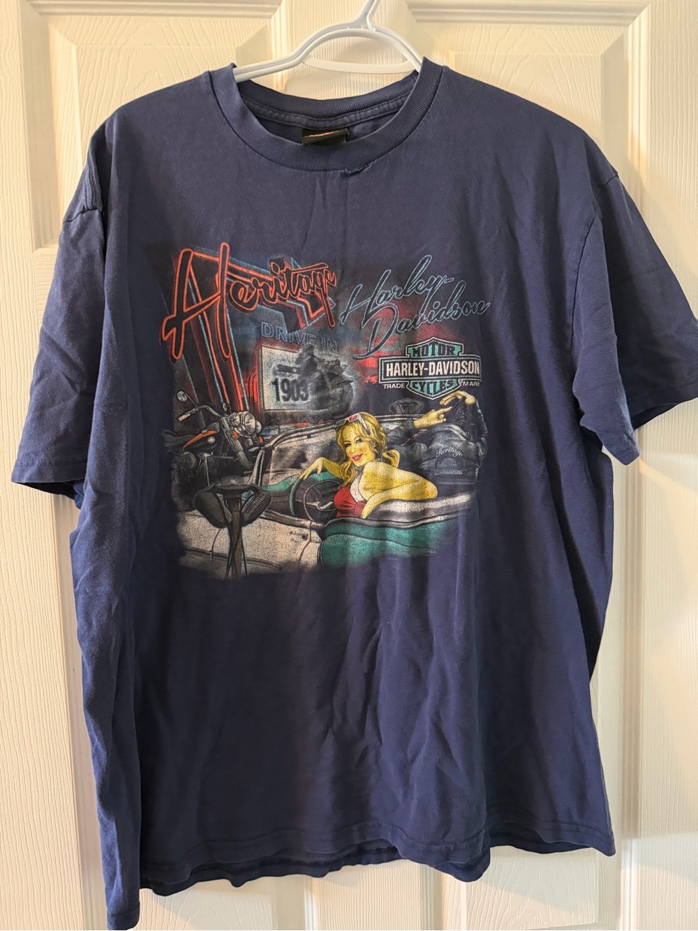 Harley-Davidson Navy Graphic Tee with Red and Yellow Accents